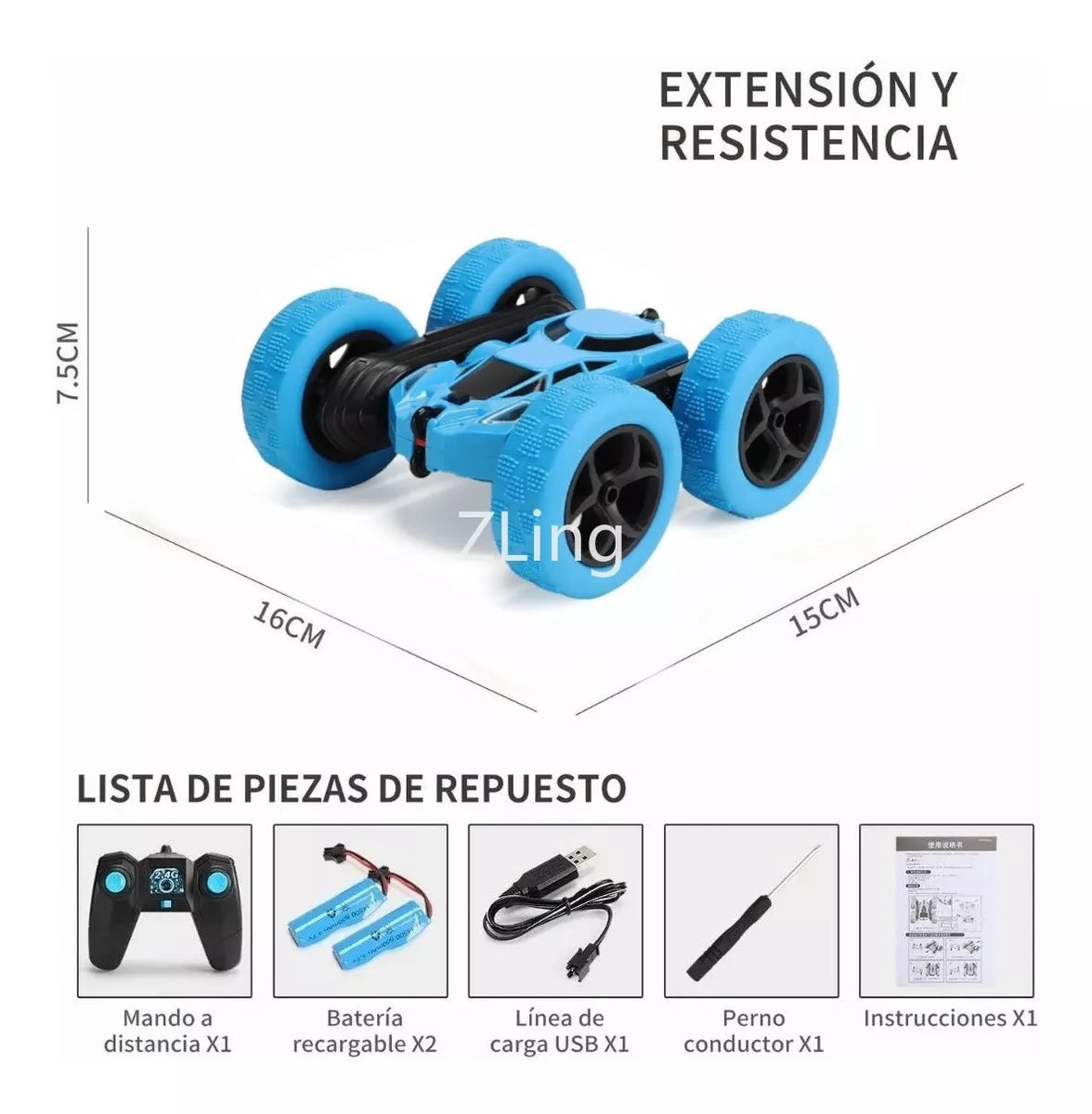 Coche Todoterreno RECARGABLE 360 🚗 + 🎮 Doble Cara, Drift,  Color Azul